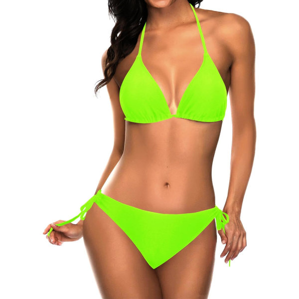 WJSM Naisten kolmiobikinisetti Halter Kaksiosainen seksikäs uimapuku Narubikinot Sivusolmu Uimapuku Neon Green S