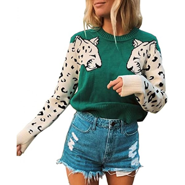 Dam tröjor casual leopardmönstrad lapptäcke långa ärmar stickad pullover beskuren tröja toppar