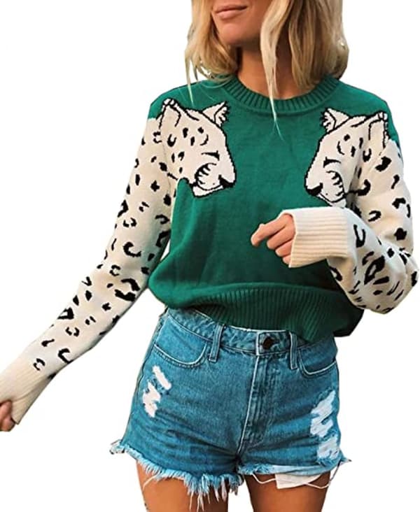 Dame Striktrøjer Casual Leopard Trykt Patchwork Lange Ærmer Strikket Pullover Korte Trøje Toppe