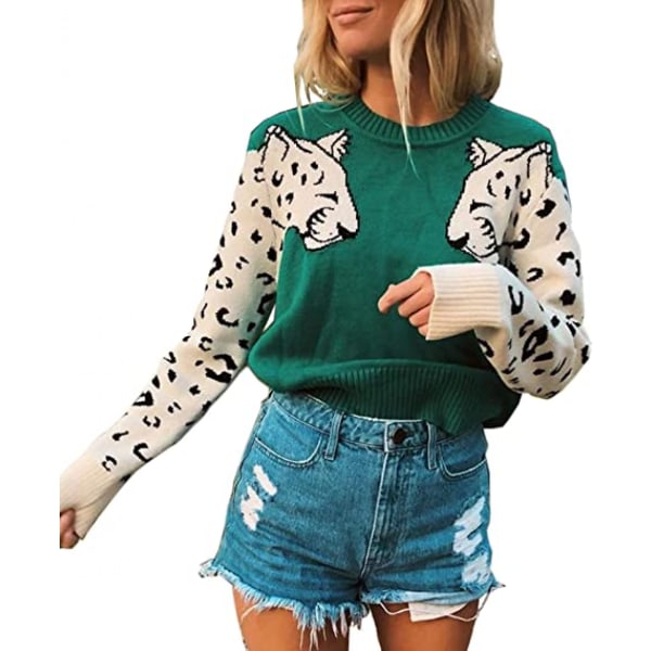 Damegensere Casual Leopard Trykt Patchwork Langærmet Strikket Genser Korte Genser Topper