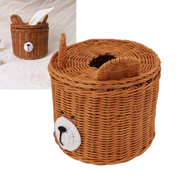 Tissue Box Cover Rattan Cute Bear Brown with Lid Easy Access Round Easy Maintenance Versatile Holder Dispenser for Photo Props