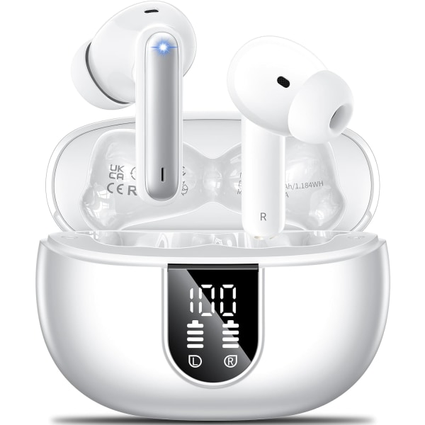Trådløse ørepropper, 2024 trådløse hodetelefoner HiFi stereoøretelefoner med 4 ENC støyreduserende mikrofoner, 42 timers spilletid i ørepropper, Bluetooth 5.3 Sport Ea White