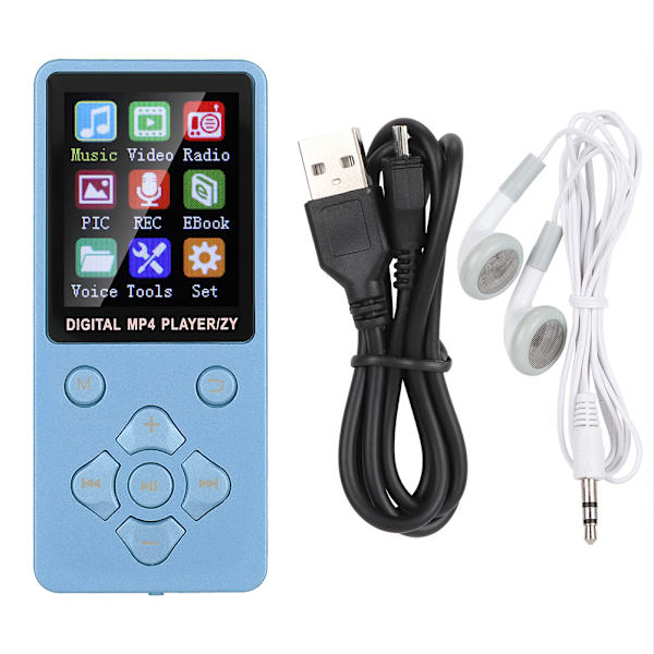 T1 Music MP3 MP4 -soitin Bluetooth-tuella, 32 Gt muistikortti, ristimäiset painikkeet, sininen