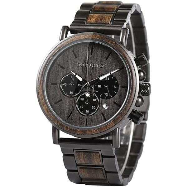 Træ Herreur Fashionable Træ og Rustfrit Stål Kombination Kronograf Militær Quartz Casual Ure