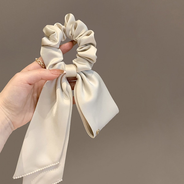 Bånd Satin Sløjfe Hår Scrunchies Elastisk Sikker Hold Elegant Satin Hestehale Holder til Piger Kvinder Beige