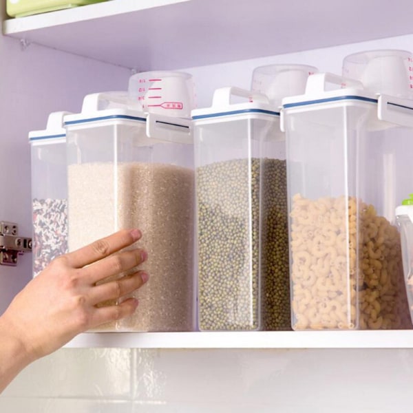 2,1-3L lufttett oppbevaringsboks for ris, tørrmat, sett med 2, beholder for oppbevaring av ris, frokostblandinger, dispenser, gjennomsiktig matbeholder