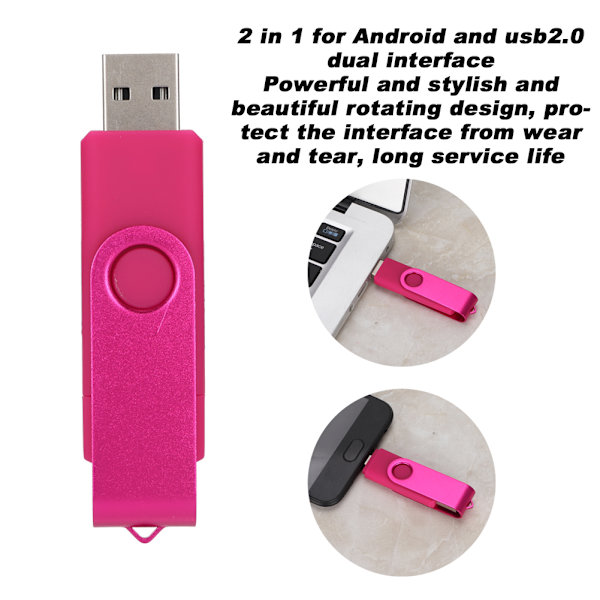 Färgglad roterande 2 i 1 USB2.0 för Android USB-minne Flash-minne Lagringsminne (Rosa)