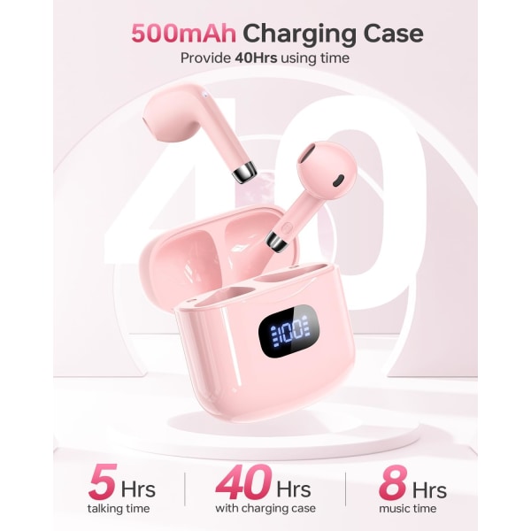 Trådløse ørepropper, Bluetooth 5.3 hodetelefoner 40 timer spilletid med ladeetui, IPX5 vanntett stereo in-ear-hodetelefoner med mikrofon for iOS Androi C-Pink