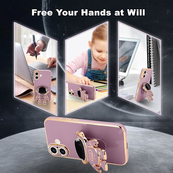 iPhone 16 Plus -kuori, Söpö 3D Astronautti Jalusta [2 Näytönsuojaa] [Kameran Suojaus] Tukijalka Iskunkestävä Bling Silikoni S Purple