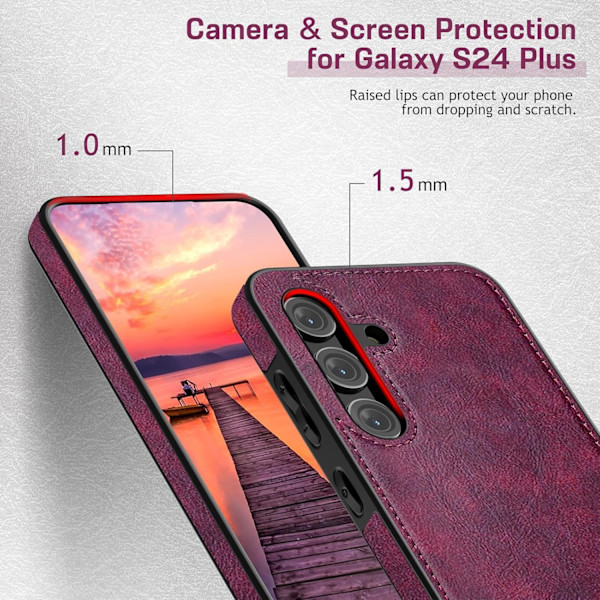 Samsung Galaxy S24+plus 6.7 tum Skal, Premium Läder Klassisk Lyx PU Halkfritt Grepp Robust Stötfångare Stöttåligt Fullständigt Kroppsskydd Magenta