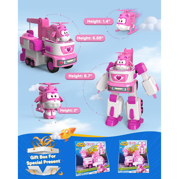 Super Wings - 7' Dizzy's Rescue Tow med 2' Pink Transform-a-Bot Mini Figur, Transformerende Flyvemaskine Legetøjsvognssæt, Legetøj til 3 4 5-årige Drenge