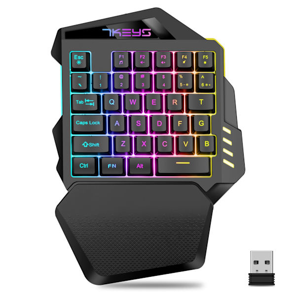 Trådløst Enhånds Spil Tastatur, 2.4Ghz RGB Baggrundsbelyst Mini Spil Tastatur, Genopladeligt 2000mAh Batteri til PC Gamer