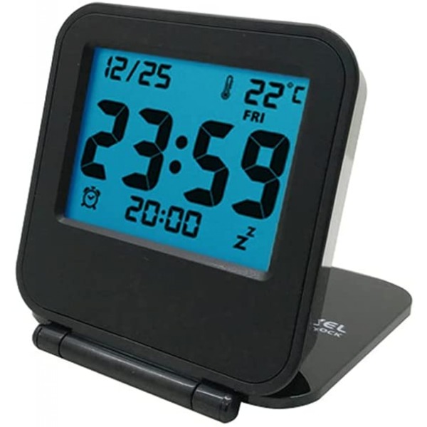 Små mini digitale reisevekkerklokker, batteridrevet reiseklokke med LCD-kalendertemperatur, bærbar sammenleggbar minilommeklokke （Classic Black）