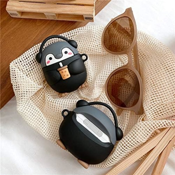 Hörlursfodral Kompatibelt med AirPods 1/2, Supersöt Stående Hörlurs Pingvin Bebis med Mjölkte i Handen Fodral, Stilrent Kawaii Mjukt black