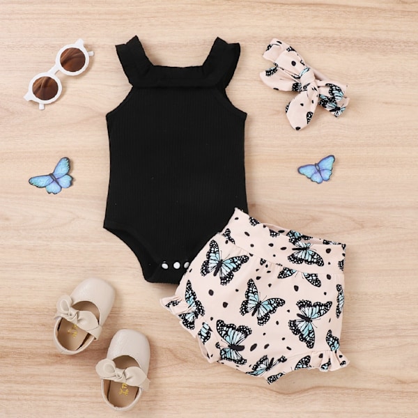 Babykläder Flicka Sommar Söta Kläder 12 18 Månader Spaghettiband Romper & Blommig Shorts Set black 80CM