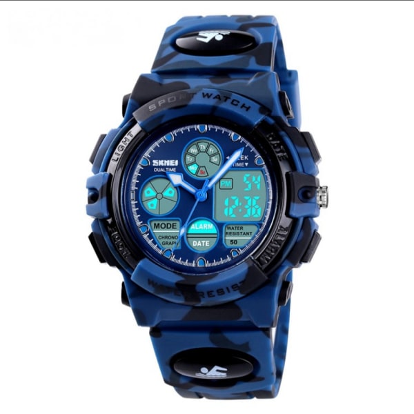 Pojkar, flickor, vattentät watch, kamouflage PU-rem för watch, elektronisk analog watch med larmstoppur (marinblå)