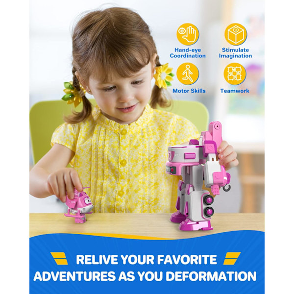Super Wings - 7' Dizzy's Rescue Tow med 2' Pink Transform-a-Bot Mini Figur, Transformerande Flygplan Leksaksfordon Set, Leksak för 3 4 5 Åriga Pojkar