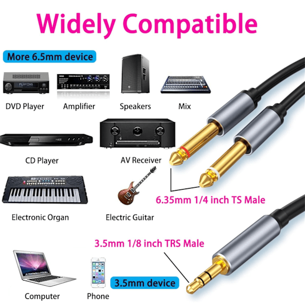 3,5 mm TRS til dobbel 6,35 mm TS-kabel, mono stereo Y-splitterkabler, hann til hann plugg lydkabel, 1/8\" til 1/4\" lydkabeladapter 3.3Ft/1M