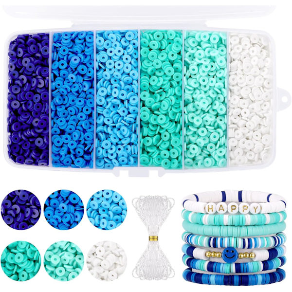 6000 st blåa lerpärlor för armband, Heishi-pärlor i polymerlera, platta runda lerpärlor för smyckestillverkning (6 mm) 1.Blue
