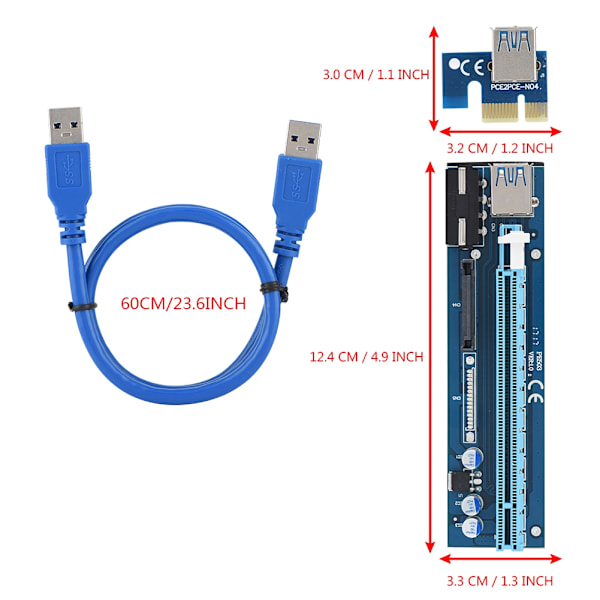 PCI-E Express 1x til 16x 4PIN Mining Extender Riser Card Adapter med USB 3.0-kabel