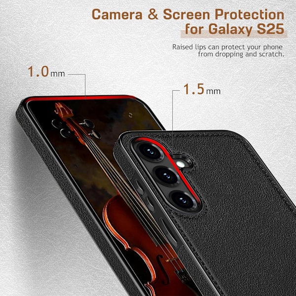 Samsung Galaxy S25 6.2 tum Skal, Premium Läder Klassisk Lyx PU Halkfritt Grepp Robust Stötfångare Stöttåligt Fullständigt Kroppsskydd Black