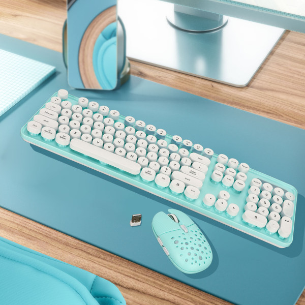 Trådløst tastatur og mus Combo Pure Color Retro 2.4G trådløs tastaturmus med runde tastaturer og numerisk tastatur blått bord