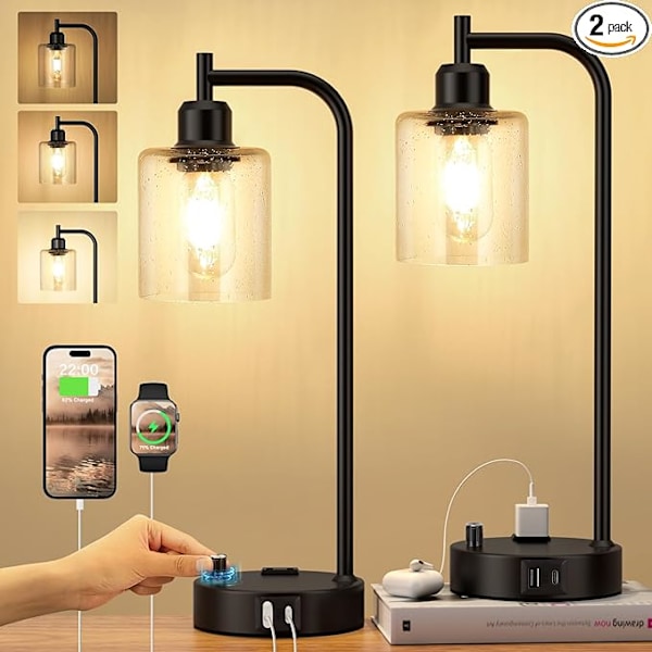 Industriella Bordslampor för Sovrum Set om 2 - Fullt Dimbar Sänglampa med USB A och C Portar och Uttag, Svart Sängbordslampa