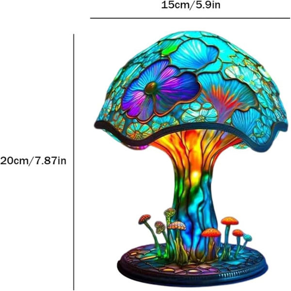 Malet svampebordlampe, 7,9 tommer ny Tiffany-glas plante natlampe, boheme harpiks svampe dekorative sengelampe (M)