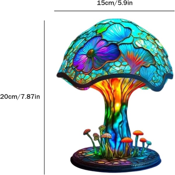 Malt soppbordlampe, 7,9 tommer ny glassmaleri plante nattlys, bohemsk harpiks sopp dekorativ nattbordslampe (M)