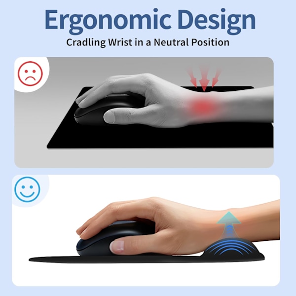 Ergonomisk musmatta med handledsstöd, musmatta med bekväm gelhandled och halkfri PU-bas BKLACK