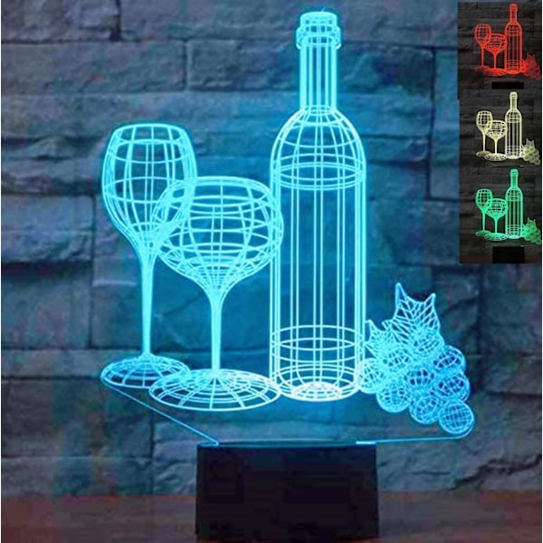 3D Vinflaska Nattlampa Illusion Nattlampa 7 Färgväxlande Touch Switch Lampor Present med Akrylplatt ABS-bas USB-kabel Leksak