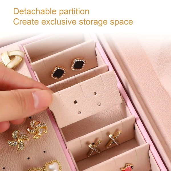 Smyckeförvaringslåda Dubbla lager Avtagbar skiljevägg PU Smycken Case för halsband Ring Rosa
