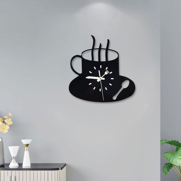 Kök Väggklocka 3D Modern Kaffe Mugg Stil Akryl Tyst Rörelse Ramlös Design Tyst Väggklocka