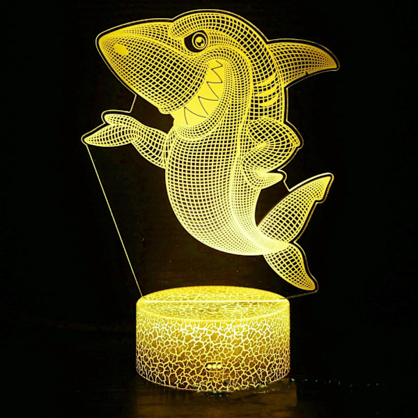 3D Hajfisk Natlampe Illusion 7 Farveskiftende Berøringskontakt Bordskrive Dekorationslamper Gave med Akryl Flad ABS Base USB Kabel Legetøj