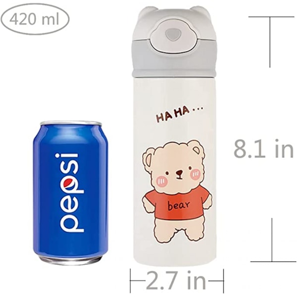 JUSTUP Vannflaske Med Sugerør Bjørn Termoser for Barn Termisk Isolerte Kopper for Varme og Kalde Drikker 15 oz Rustfritt Stål Lekkasjesikker Kolbe for Gutt
