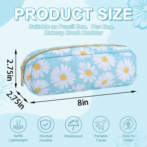Vandtæt Lille Blomstret Penalhus Makeup Taske til Taske, Sød Blomster Penalhus Preppy Nylon Makeup Børsteholder med Lynlås, Piger Blue-Daisy