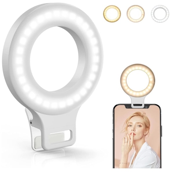 Clip-on Ring Light, Kimwood Genopladelig 60 LED Selfie Ring Light til Telefon, Laptop, Tablet (3 Modeller, 5 Lysstyrkeniveauer)