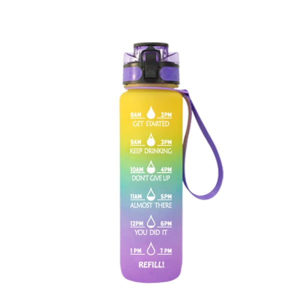 32 unssin motivoiva vesipullo, jossa aikamerkintä ， 1 litran pullo kantohihnalla, täydellinen fitness, kuntosalille ja ulkourheiluun (keltaisen sininen violetti)