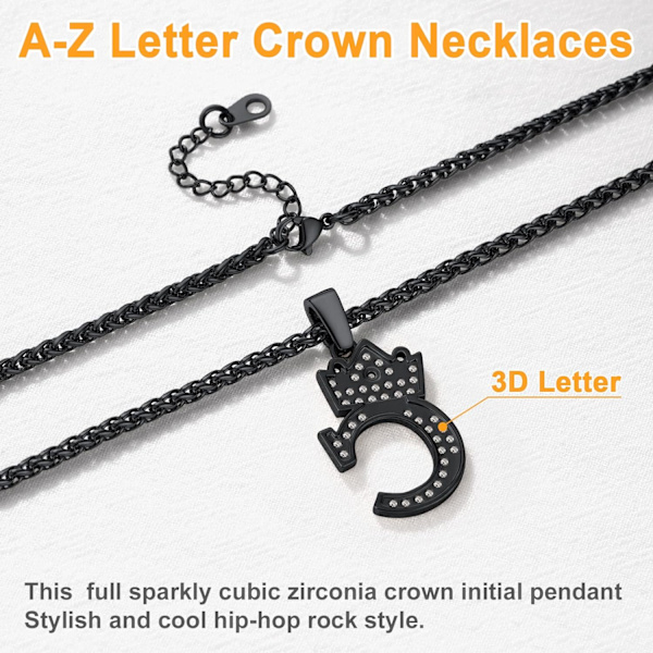 Krona Initial A-Z Halsband, Iced Out Letter Hänge med 22-24 Tums Kedja, Män Kvinnor Bling Hip Hop Alfabet Namn Smycken Present Stora Initialer Halsband C Black