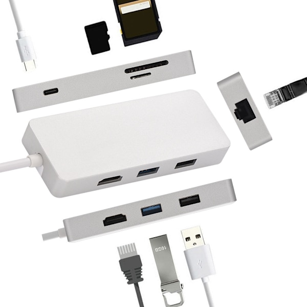 Typ-C-hubb Typ-C till HDMI + USB3.0 + USB2.0 + RJ45 + TF/SD + PD-dockningsstation