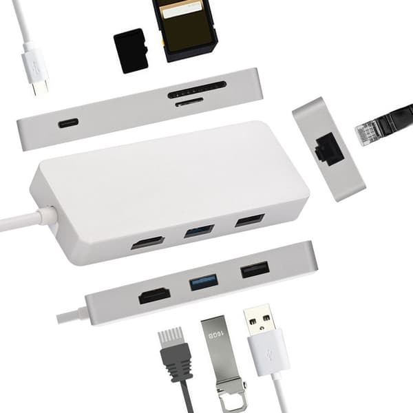 Type-C Hub Type-C til HDMI + USB3.0 + USB2.0 + RJ45 + TF/SD + PD Dockingstation