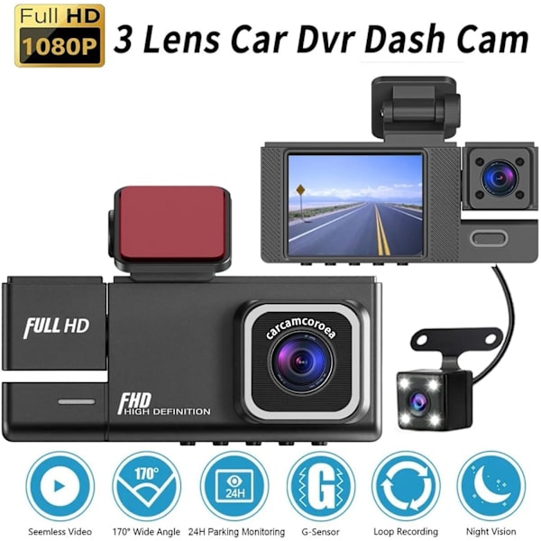 Dash Cam Front Inside Rear 1080P FHD for Cars, Three Lens 2 inch Display Car Recorder with 170 ° Ultra Wide Angle, Support 128G, Infrared Night Visi