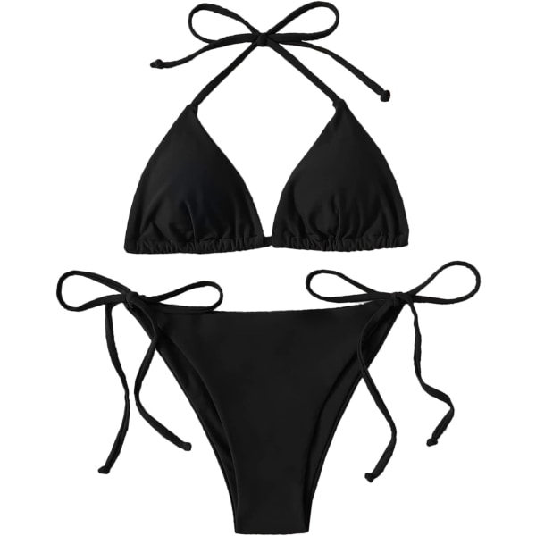 Bikini badedragt sæt til kvinder badetøj trekant badedragt binde snor thong Black2 L