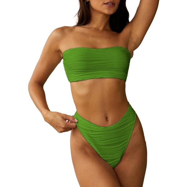 WJSMWomen 2-delt Bandeau-badedrakter Ribbete snørebånd Stroppeløse Bandeau-bikinisett med høy snitt badedrakter 1-light Green L