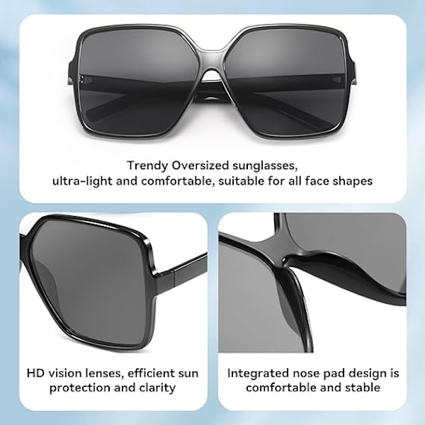 Ylisuuret neliönmuotoiset aurinkolasit naisille, suuret ja leveät muotilasit miehille, UV-suojaus, unisex Black Frame Black Lens