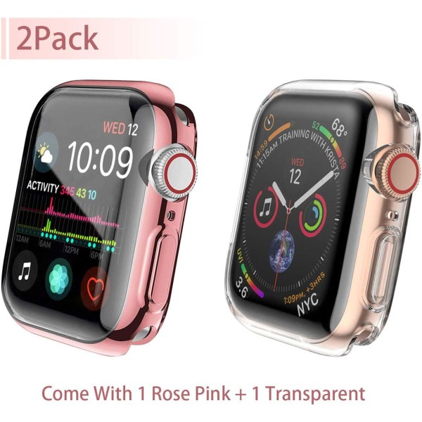 [2-Pack] 38 mm etui til Apple Watch Screen Protector, samlet beskyttende etui TPU HD Ultra-tyndt cover (1 Rose Pink+1 Transparent)