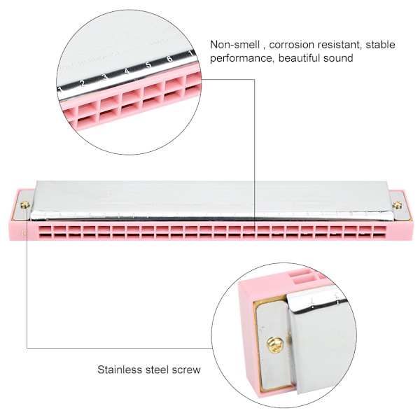 Profesjonell munnspill munnspill diatonisk harpe C-nøkkel rustfritt stål dekselplate 24-hulls Pink