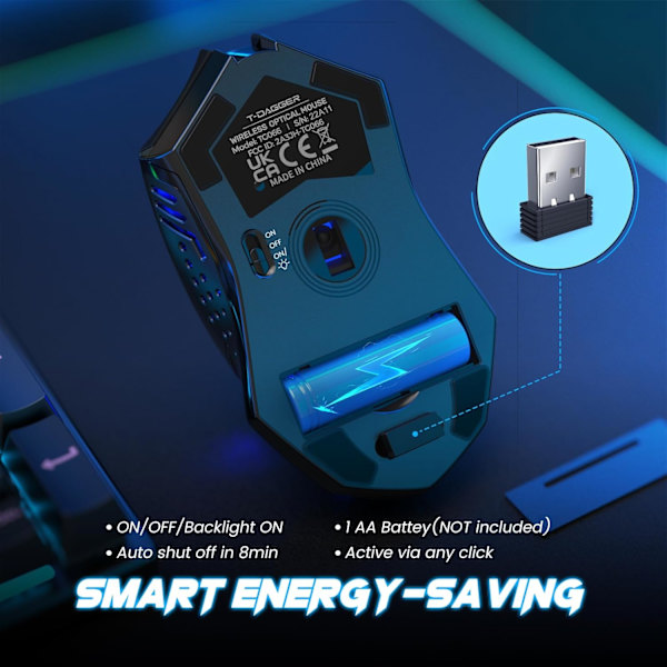 Trådlös Spelmus - USB Sladdlös PC-Tillbehör Datormöss med LED-Bakgrundsbelysning, Mus med 7 Tysta Knappar, 5 Justerbara DPI Plug&Play Blue