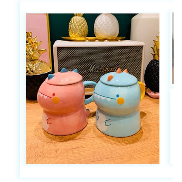 Dinosaur krus med låg 3D krus Keramisk mælkekrus Kaffe krus Tekop par krus Fødselsdagsgave (dinosaur, blå, 450 ml)