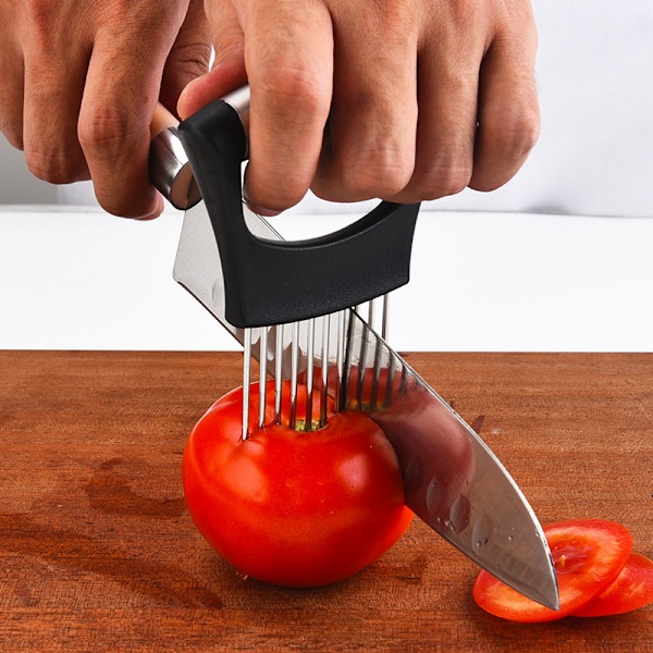 Løg holder i rustfrit stål til skæring, løgskærer til skæring og opbevaring af løg, avocadoer, æg og andre grøntsager